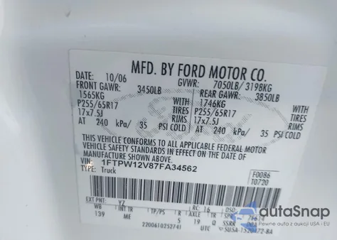 2007 Ford F-150 Lariat/Xlt из США, поврежденный, VIN 1FTPW12V87FA34562